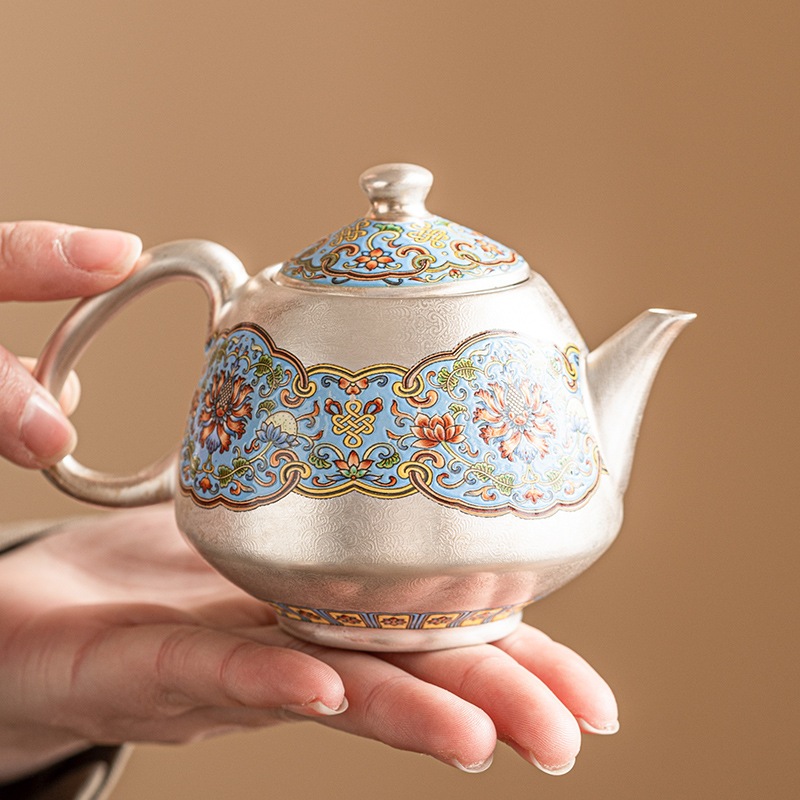 フィリグリーシルバーエナメル999金メッキシルバーティーポットお茶を淹れるための洋ナシ型ティーポットフィルター付きシングルポット付き高級ティーセット