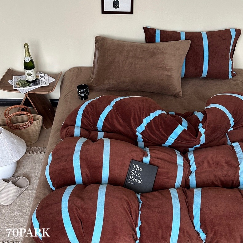 ブラウン ブルー ワイド ストライプ 冬用 布団カバーセット 全3種 ベッドカバー オールシーズン シングル ダブル クイーン ベッドリネン おしゃれ 韓国インテリア 韓国っぽ 70PARK