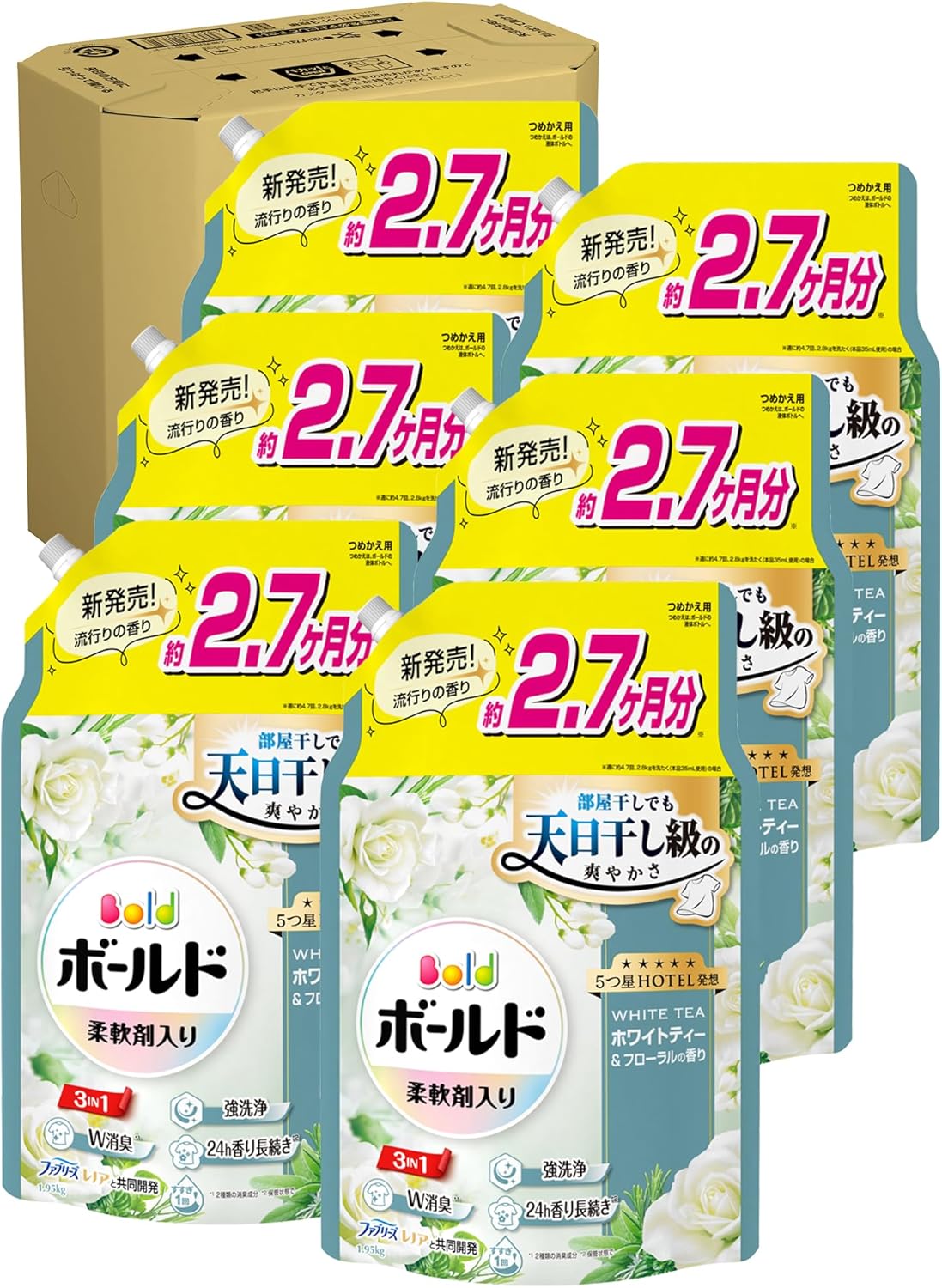 Bold ボールド 柔軟剤入り 洗濯洗剤 液体 ホワイトティー&フローラルの香り 詰め替え 1950g×6袋 大容量 ケース品