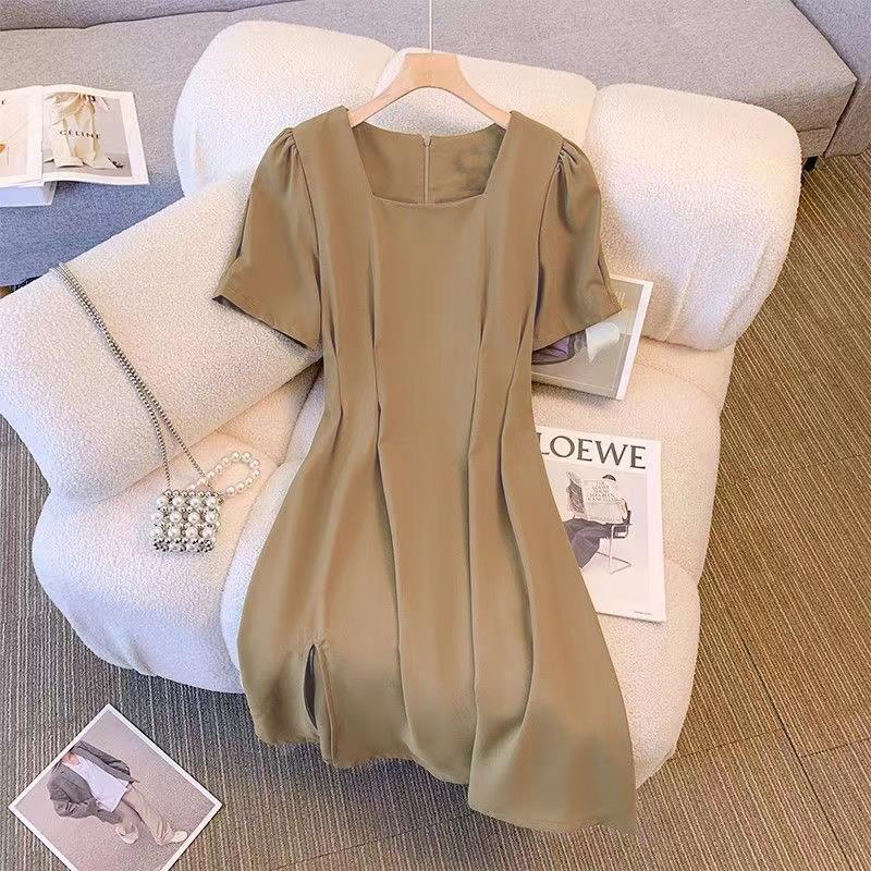 2025年新作夏レディースレトロスクエアネック半袖ストラップウエスト痩身aラインスリットミドル丈ワンピース