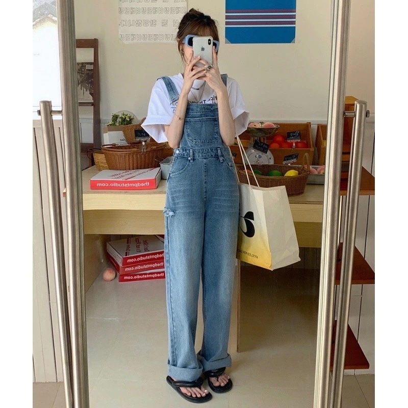 2024春夏韓国の新型 減齢ズボンの脚に穴が開いたデニムのサロペット長ズボン サロペット オールインワン レディース ワイドパンツ サロペットパンツサロペット