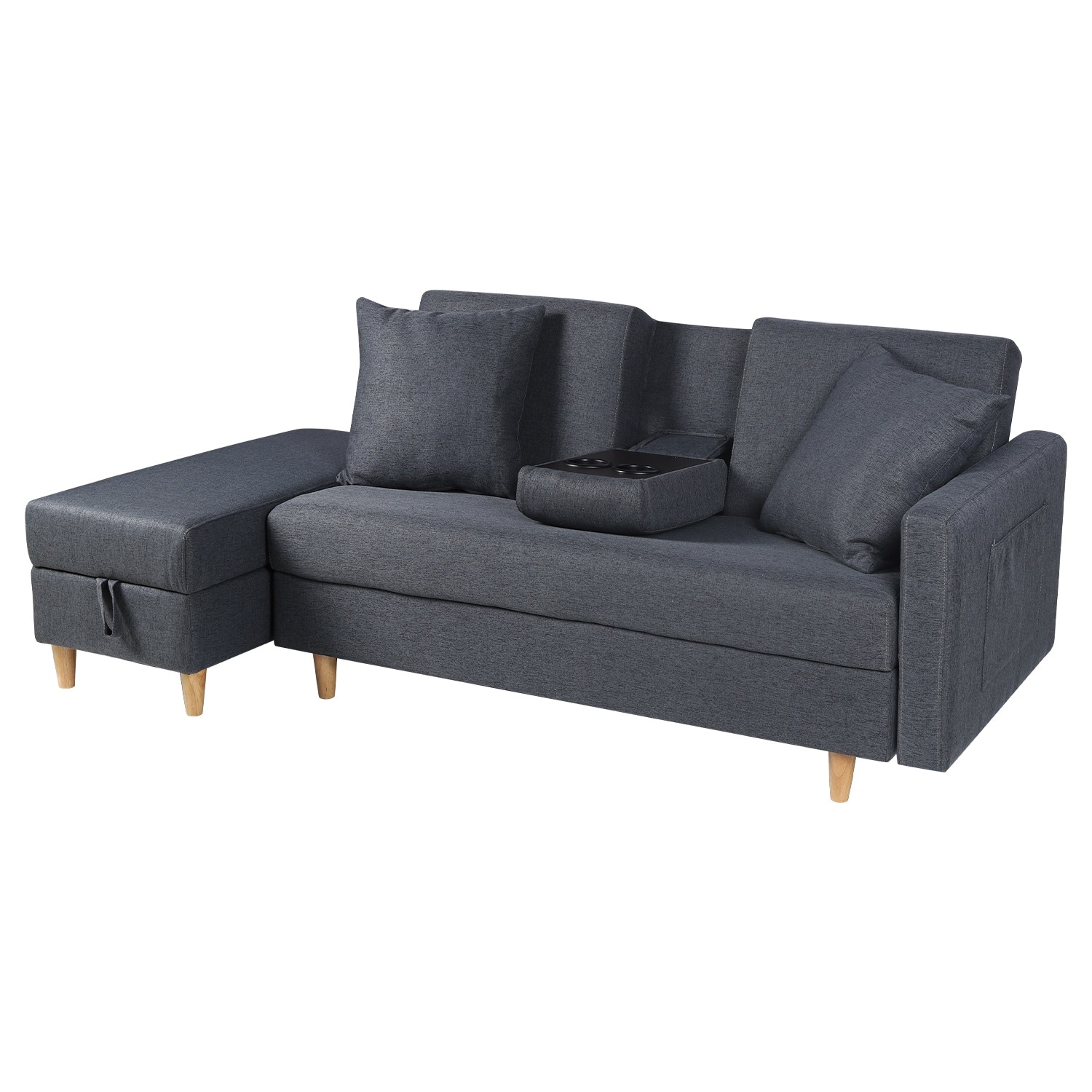 383ソファ　ソファーベッド　カウチソファ　3人掛け　オットマン付き　多機能ソファ　左右側とも取り付けるアームレスト　たくさん収納　レイアウト自由　クッション2個