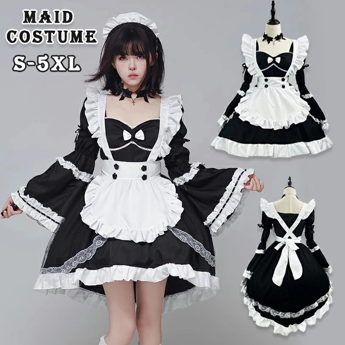 【大人気N0.1】メイド服 可愛い ロリータ コスプレ ゴスロリ セクシー 長袖 フリル ウェイトレス レディース エプロン 黒 ブラック スカート ワンピース カチューシャ 仮装 変装 ハロウィン