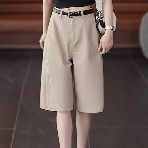 レディース ボトムス ハーフパンツ 膝丈 Iライン ストリート ファスナー ポケット ハイウエスト ボタン かわいい 大人可愛い シンプル カジュアル ラフ メンズライク クール ベーシック