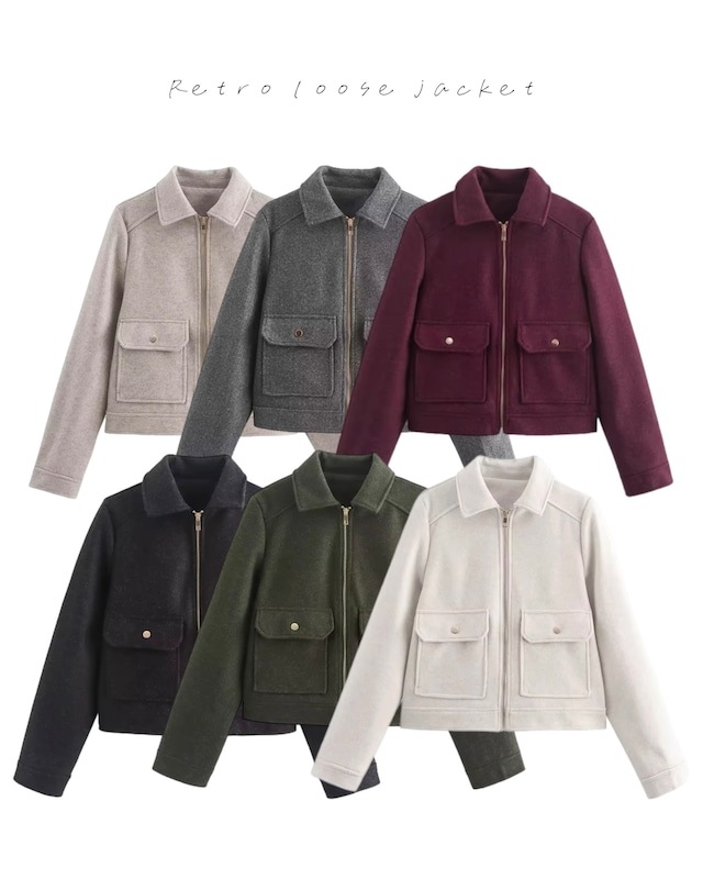 ソフトジップアップジャケット ショートジャケット ウール調 ポケット付き ジップアップ アウター 韓国ファッション トレンド ワインレッド ボルドー 秋冬 デートコーデ 大人カジュアル おしゃれ