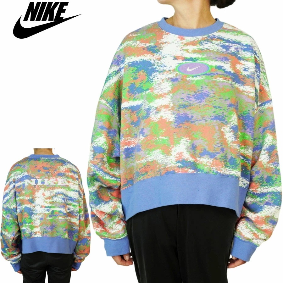 ナイキ NIKEレディース トレーナーロゴ総柄スウェット NSW RETRO OVERSIZE SWEATSHIRTレトロ オーバーサイズ スウェットシャツマル