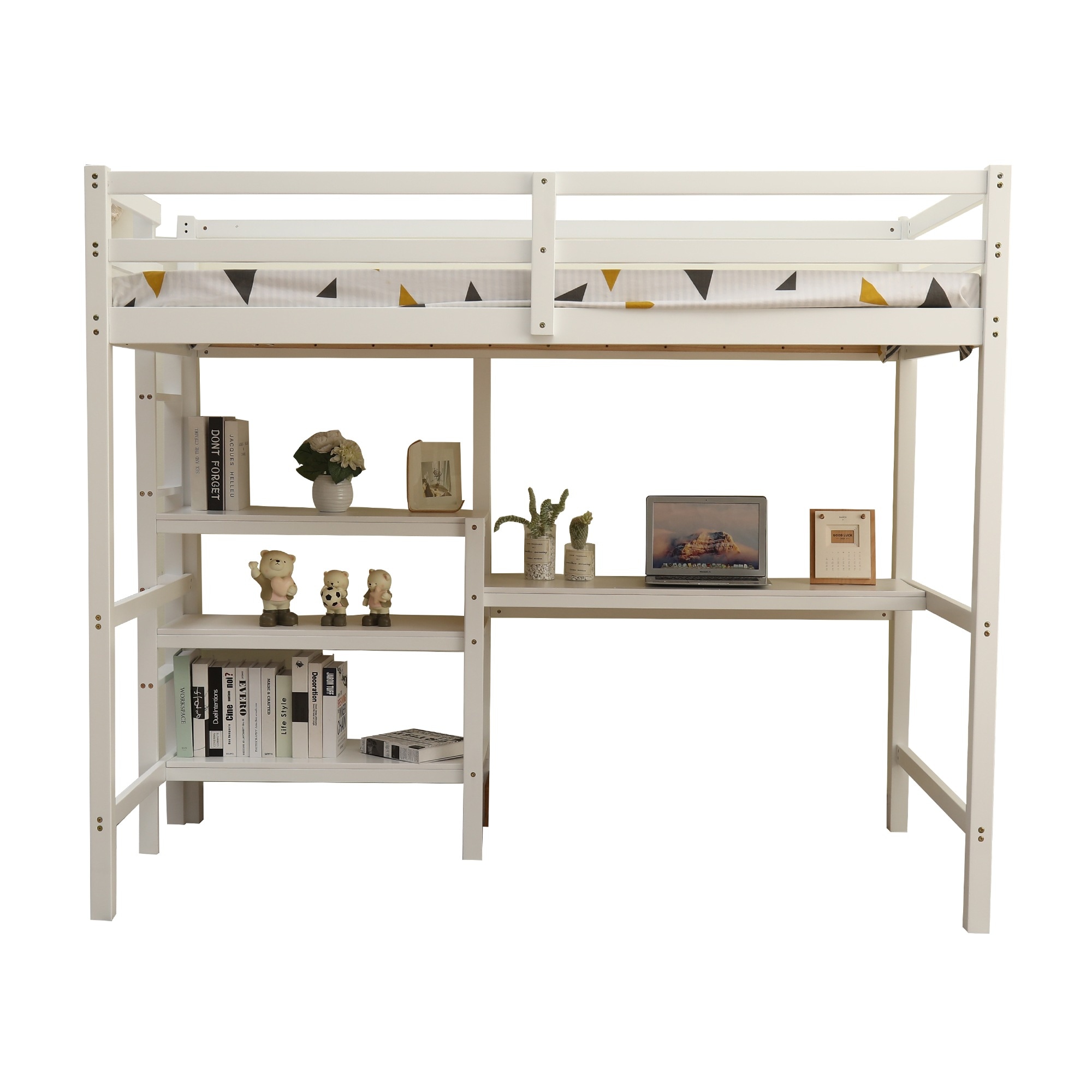 【国内出荷 - 3日配達】【新作】【ホワイト】ロフトベッド 木製 デスク付く ハシゴ 棚 システムベッド 子供ベッド シングルウッド 階段 収納 北欧風 子供部屋 耐震~474