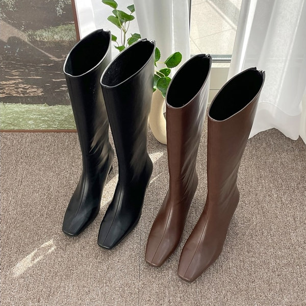 ロングブーツ スクエアトゥ バックジップ レディース 黒 茶色 ブラック ブラウン