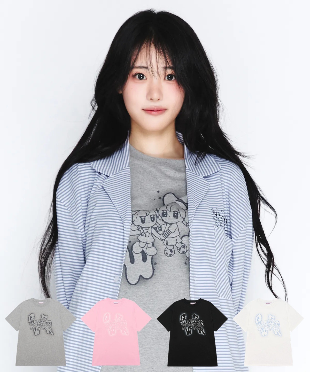 [QWER Hina,Magenta 着用]QWER CHARACTER TEE (GREY/PINK/BLACK/WHITE)