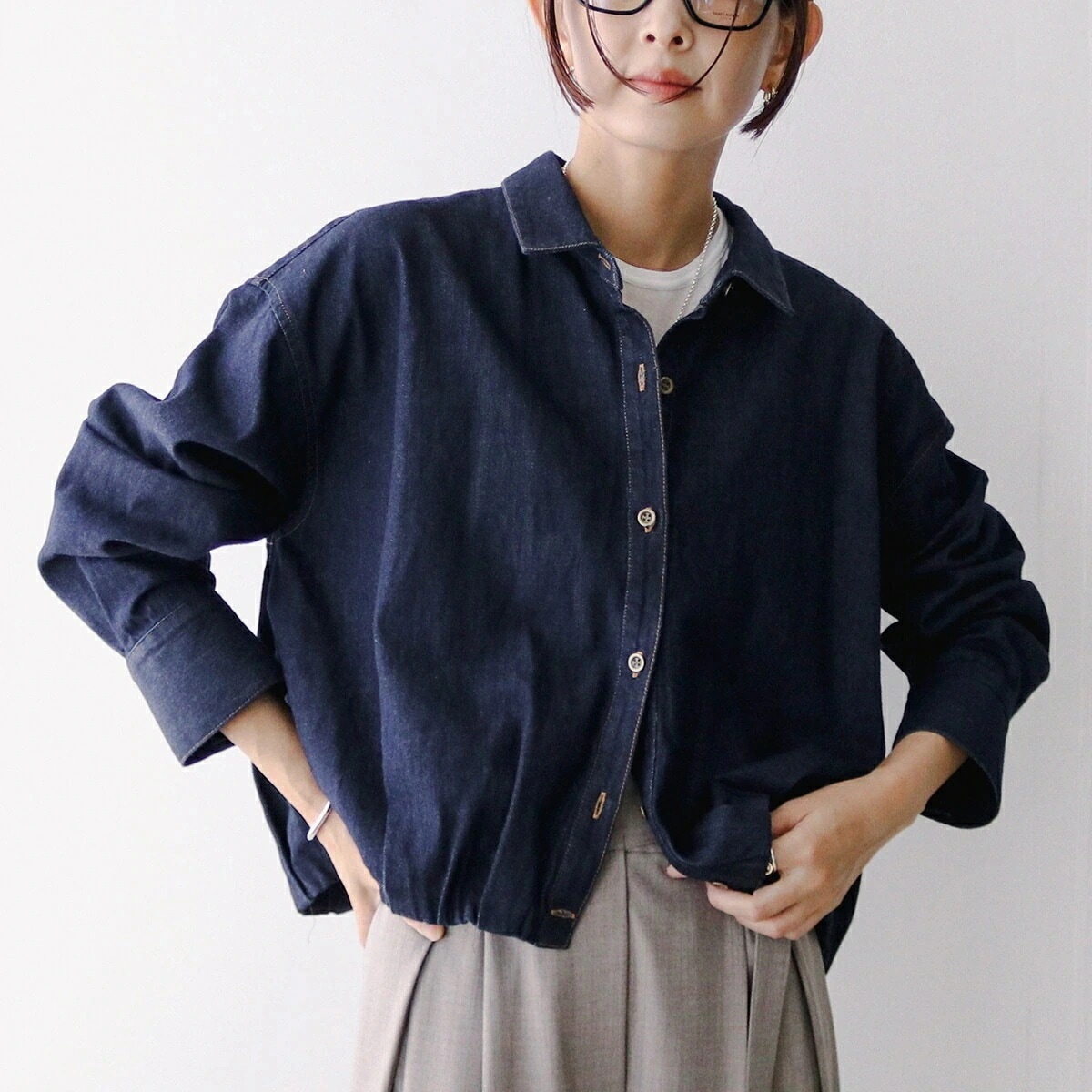 Munich ミューニック デニムシャツ MN251T05 レディース バルーン ショート丈 ブルゾン 長袖 indigo