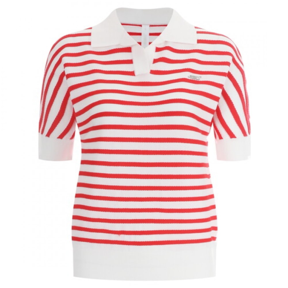 ショップアン レディース ストライプ カラーネック セミクロップ ゴルフ 半袖Tシャツ レッド LB-WSH-429