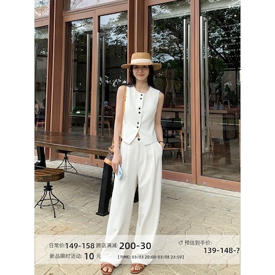 MULVANの襟を返してウエストのデザインのワイドでやせて見えるズボンの女性の夏の垂れ感の高いウエストのカジュアルなズボンです