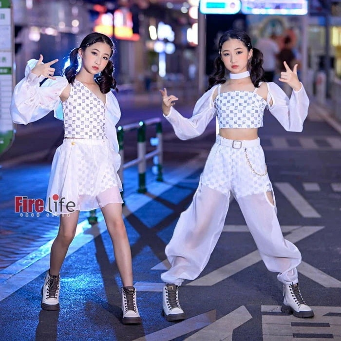 ダンスウェアセール キッズダンス衣装 女の子 ホワイト タンクトップ へそ出し 透明 パンツ ジャズダンス ヒップホップ セットアップ HIPHOP 舞台 ステージ衣装 応援団 952円ポイント