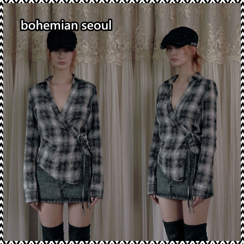 bohemian seoul WRAP UNBALANCE CHECK SHIRT