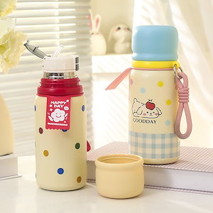 かわいい波点子犬保温カップ女性アウトドアロープ付きストローコップ子供用ダブルコップコップ水コップを注ぐことができます