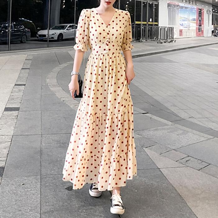 ティアード ワンピース 袖あり シフォン ドット きれいめ ロング丈 半袖 ワンピ ドレス フェミニン レディース 大人 可愛い Aライン カジュアル Vネック 韓国 ベージュ ホワイト 白 ブラック