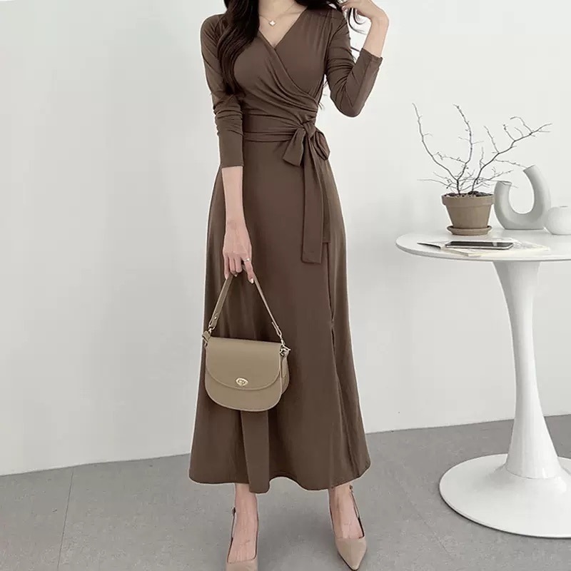 ワンピース カシュクールワンピース Vネック クロス ウエストリボン スリット ロング丈 長袖 韓国 レディース かわいい 可愛い 大人可愛い 大人女子 きれいめ シンプル カジュアル 大人