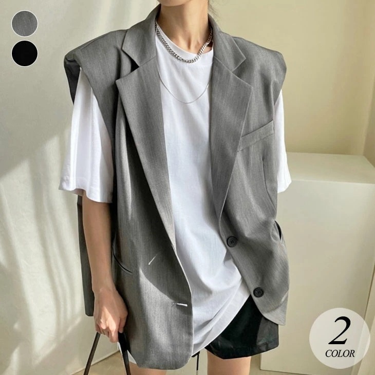襟付き ベスト 紐付き アウター ジレ 羽織り 袖なし シンプル 可愛い マニッシュ 上品 きれいめ 春 秋 冬 グレー ブラック 黒 無地 レディース 韓国ファッション 4,948円