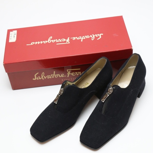 ファスナー付き フェルト チャンキーヒール スクエアトゥ ブラック