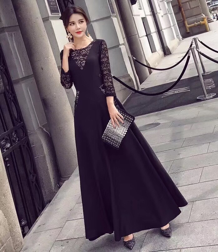 1940.シースルーレースロングドレス 2019 春夏 sale ワンピース Vネック クルーネック フレア 七分丈 エレガント お呼ばれ パーティー 結婚式 披露宴 女子会 レストラン デート