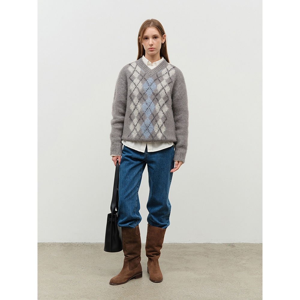 Dunst 女性用ユニセックスベビーアルパカアーガイルセーターメランジグレー UDSW4D123G2