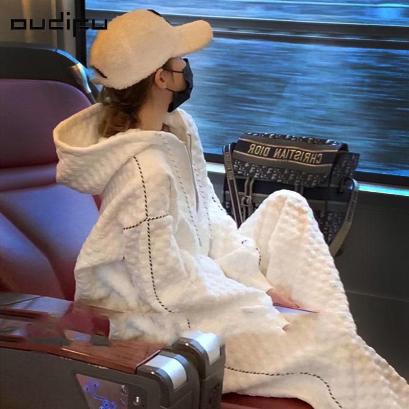 udifu ワッフルジャガード ホワイト フード付きトレーナー レディース 2024秋 ファッション カジュアル スポーツ 2点セット