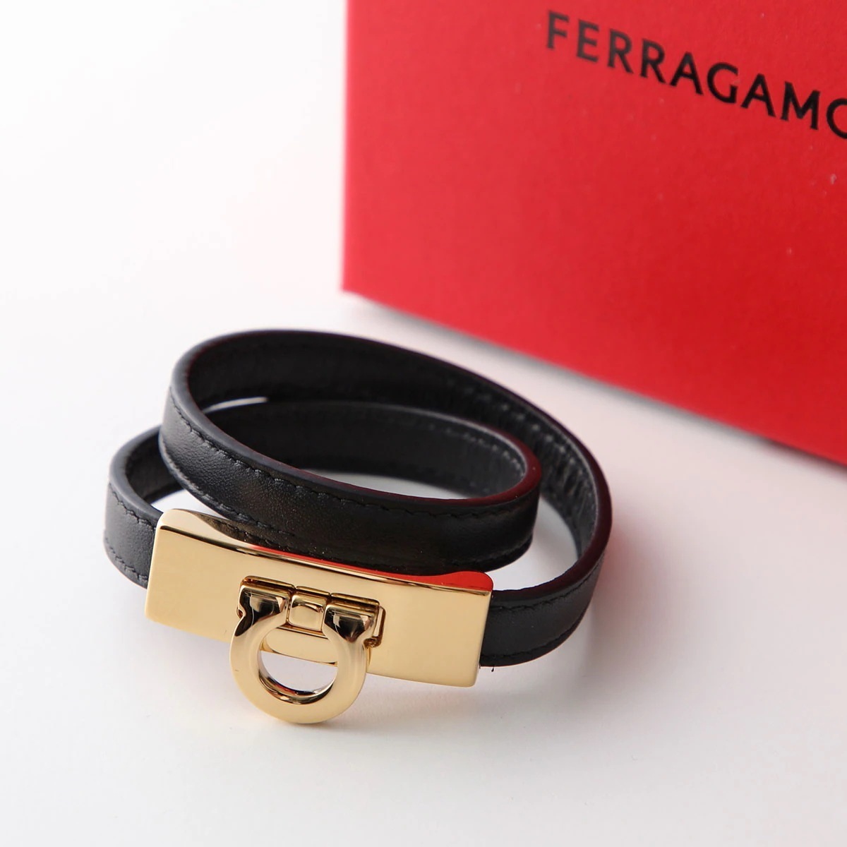 FERRAGAMO フェラガモ ブレスレット 76 0768 776167 レディース ガンチーニ サイズ15 2連 レザー 001/BLACK/ORO-15