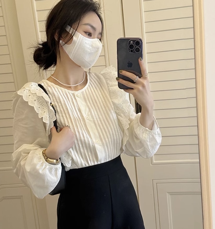 トップス デート モテアイテム シャツブラウス フリル ボリュームスリーブ コットン 大人可愛い きれいめ 上品 おしゃれ かっこいい 大人可愛い ラブリー キュート ガーリー クール モード系