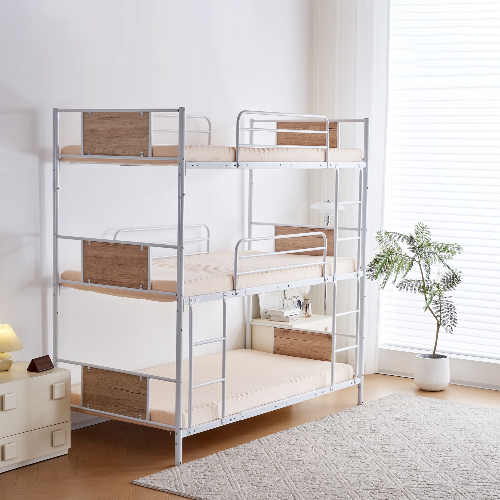 【新作】【ホワイト】三段ベッド パイプベッド　分離可能 スチールベッド　子供部屋スチール 　耐震