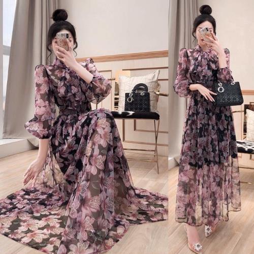 【即納】花柄 ワンピース 韓国 リボンタイ ボウタイ パフスリーブ 紫 マキシワンピ ロング レディース お呼ばれワンピース ドレス 春 夏 秋 冬 長袖 ロング丈 可愛い シフォンワンピース 二次会