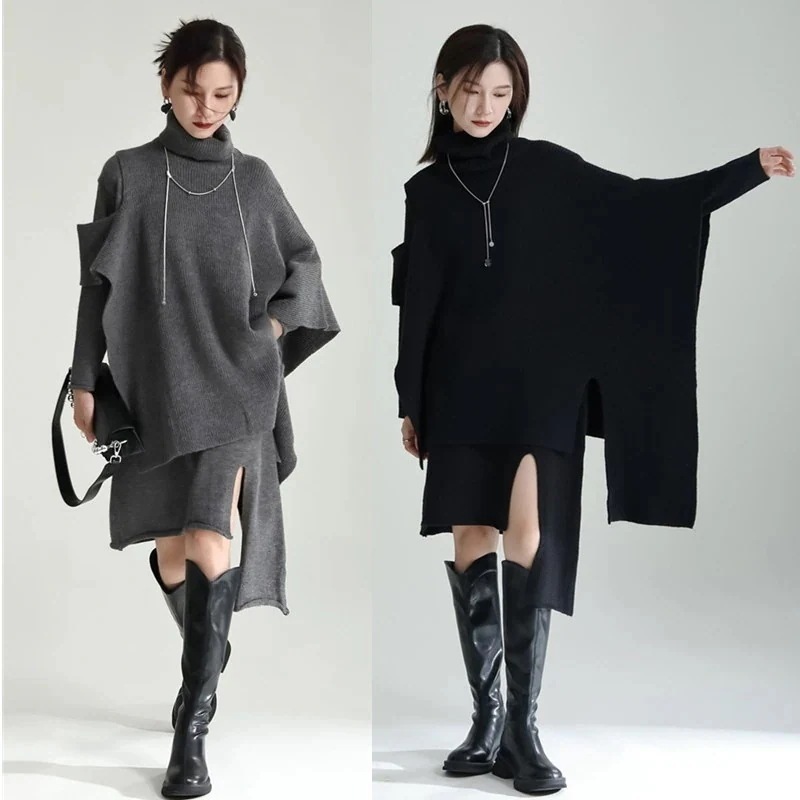 【J.Fashion】ニットワンピ マントカバー＋ワンピ 2セット 不規則デザイン スリット レディース ワンピース ドレス ロングワンピース メガ割30%までに制限