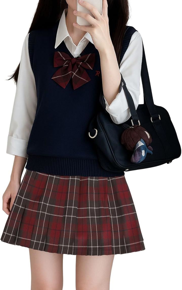 制服 女子高生 コスプレ ニット チェックスカート 長袖シャツ リボン かわいい 洗える 4点 セット(ネイビーL)