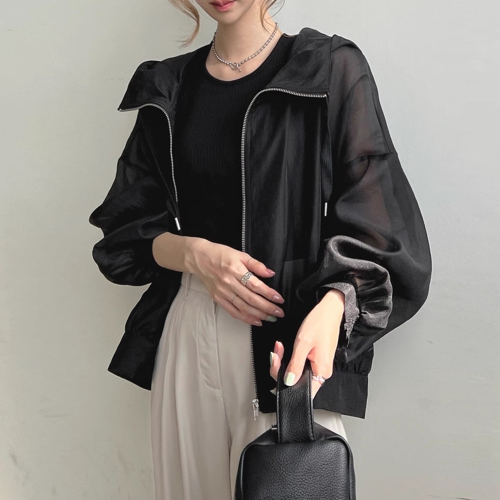 シアージャケット アウター ジャケット シフォンジャケット パーカー フーディ フーディシアージャケット シアーパーカー フード付き 長袖 ボリュームスリーブ ドロップショルダー 無地 透け感 シアー