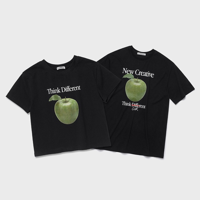 まとめ買いでお得 THINK (スリム/オーバーサイズ) リンゴ半袖TシャツBLACK APPLE CURRENT Tシャツ・カットソー