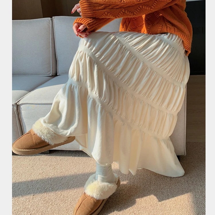 ハーフスカート 着痩せスリム見え 韓国ファッション とろみニット半身スカート女性秋冬新作ハイウエストAラインスカート大振りロングスカート