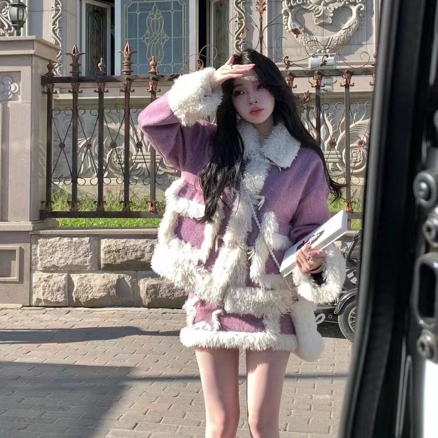 ステッチファーラペルスターバックルキルティングウールコート冬向けのピュアでスイートな万能aラインスカート 5,917円