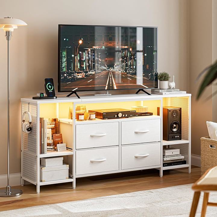 テレビ台 テレビボード 収納チェストロータイプ棚付き 引き出し付き ローボード テレビラックワイドチェスト大容量収納 tv台 可動棚 (ホワイト, 幅135x奥行30x高さ63cm)
