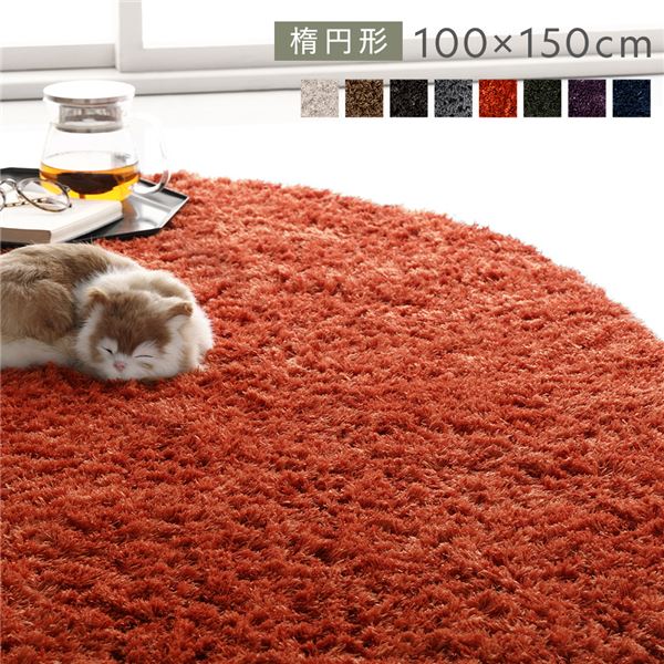 洗える シャギーラグ 約R100x150cm 楕円形 オレンジ ホットカーペット対応 床暖房対応 オールシーズン すべり止め付き （北海道/沖縄/離島配送不可）