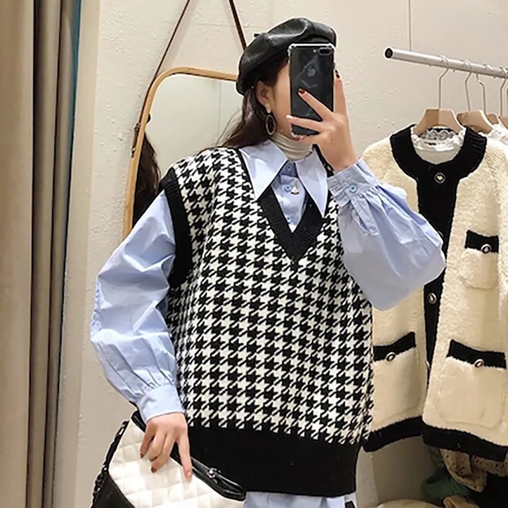 レディースベスト ニット Vネック 千鳥格子柄 セーター トップス 秋 冬 重ね着 レイヤードスタイル レトロガーリー 大人可愛い 大人女子 おしゃれ お洒落 カジュアルコーデ キュート ラブリー