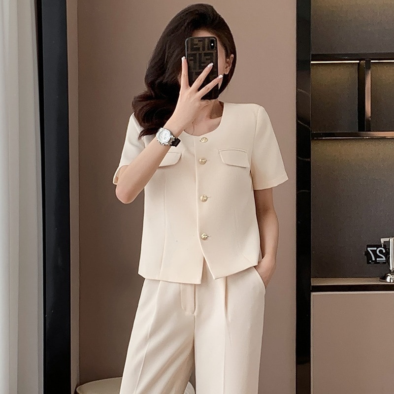 レディース 2024夏新作 ノーカラーデザイン ショートスーツジャケット 半袖スーツ ツーピーススーツセット