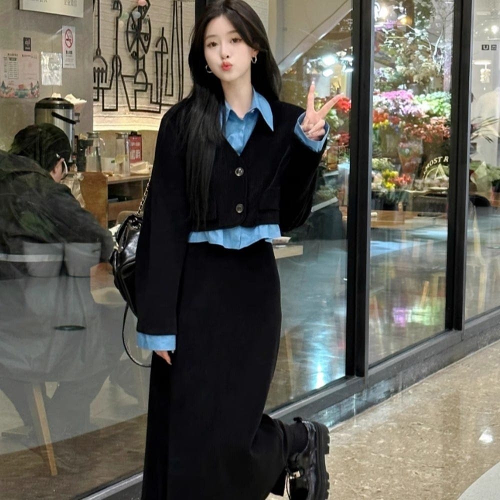 カジュアルファッションスーツ 女性の気質の摩耗偽のツーピーストップ コーデュロイ半身スカート 大きいサイズのツーピース秋モデル