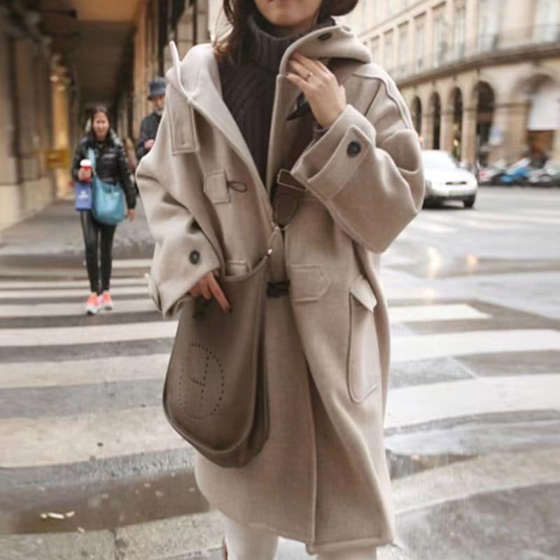 ラシャコートコート膝上丈冬レディースチュニックスパーカー無地羽織ボタン止めパーカーポケット付き体型カバー