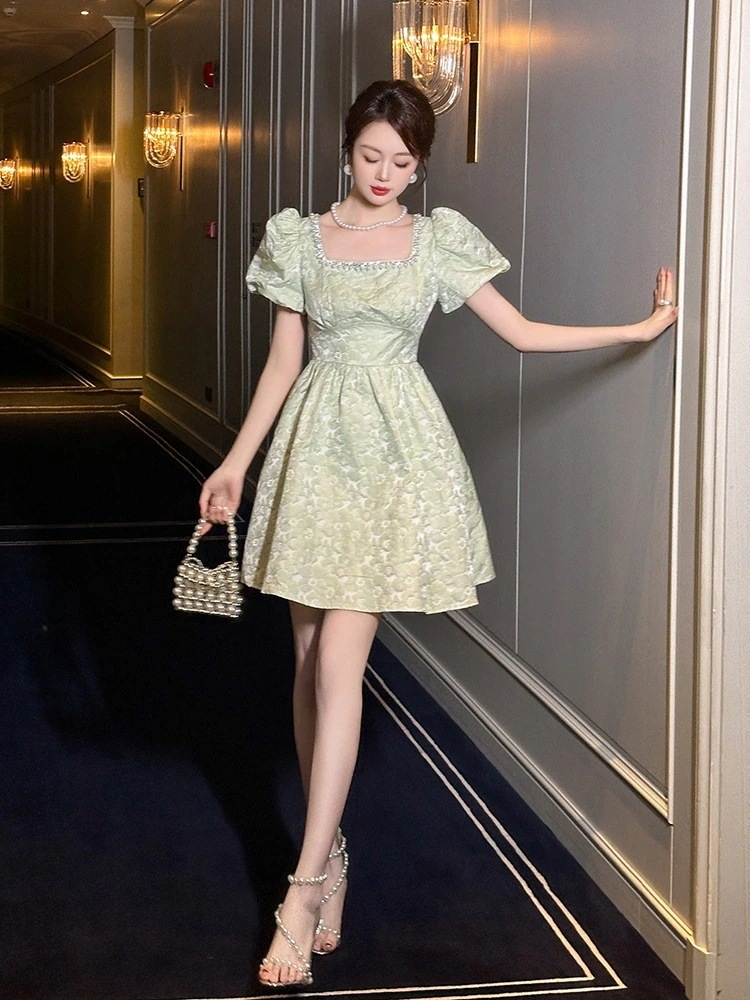 2025夏新品 森ガール ショート グリーン ドレス パーティー キャバ 大人 同窓会 披露宴 卒業式 結婚式 演奏会 ウェディング 二次会