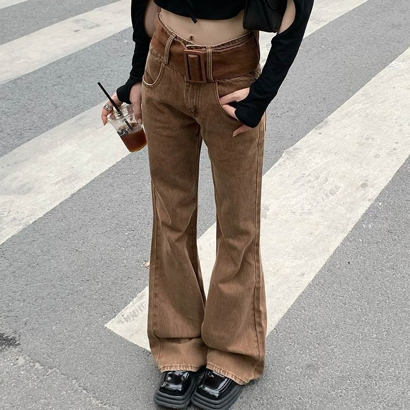 ボ デニム パンツ ジーンズ レディース ハイウエスト 個性的 ベルト 裾広がり フレア ブーツカット タイト カジュアル こなれ感 きれいめ 美脚 脚長 着回し クール