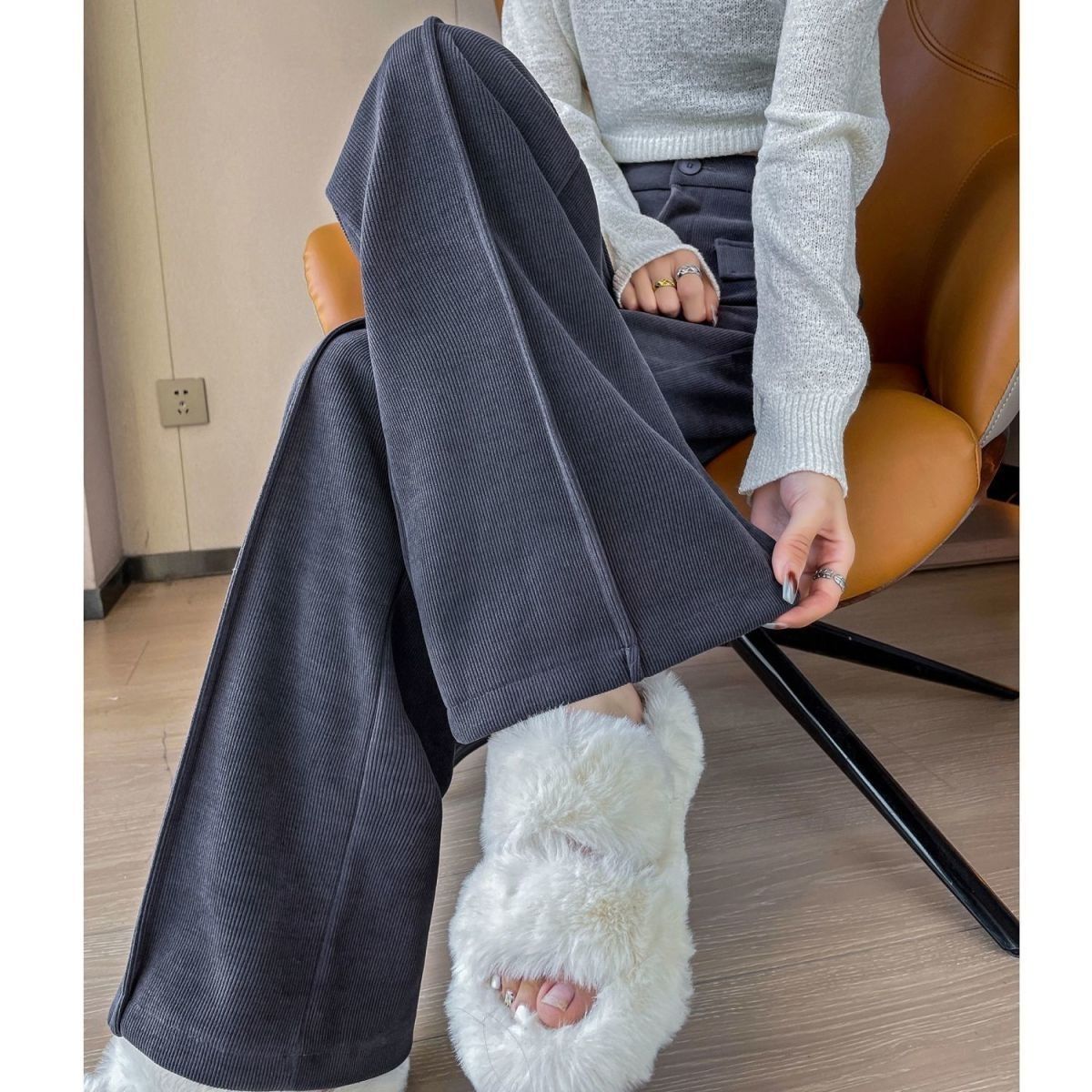 厚手パンツ女性シェリルワイドパンツ新作ハイウエストストレートギャザー