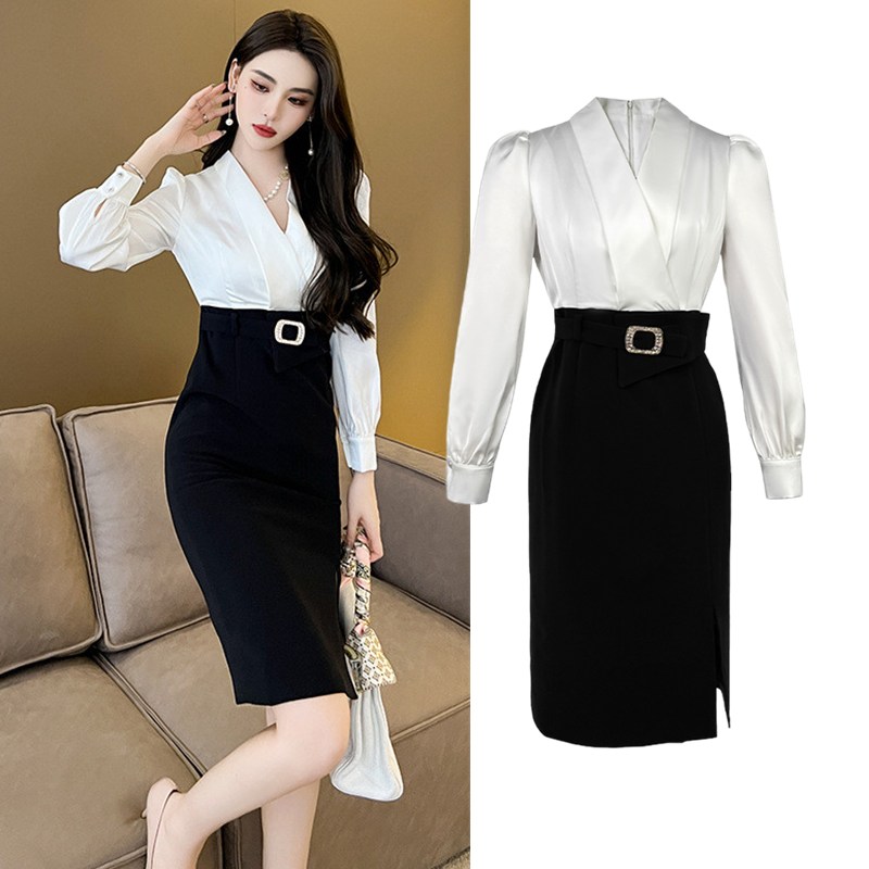 【JY.上品】 秋 通勤 ワンピース Vネック 一体式 ハイウエスト タイトスカート スリム ニセ2セット 後ろファスナー セットアップ スーツセット フォーマル パーティー 同窓会 披露宴 卒業式