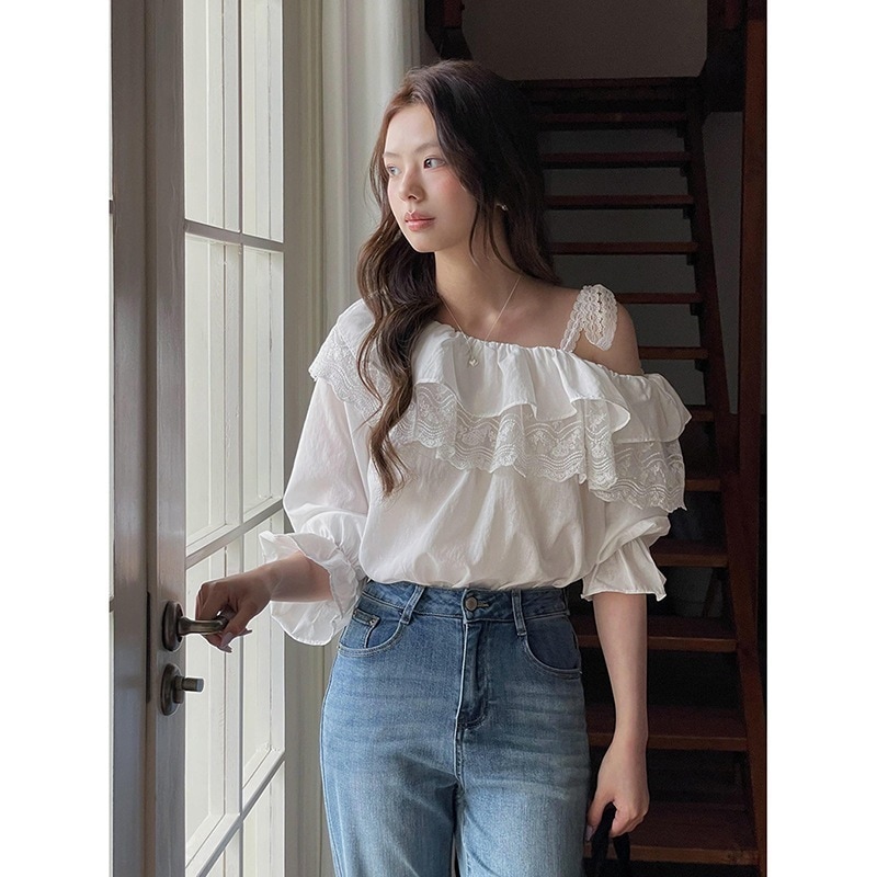 【送.料.無.料.急速発送】レトロなフリルの斜め肩レースの長袖シャツ