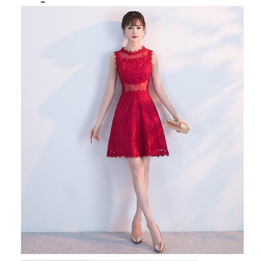 レースドレス ミモレドレス ウエディングドレス カラードレス おしゃれ Aライン 膝下丈ワンピース