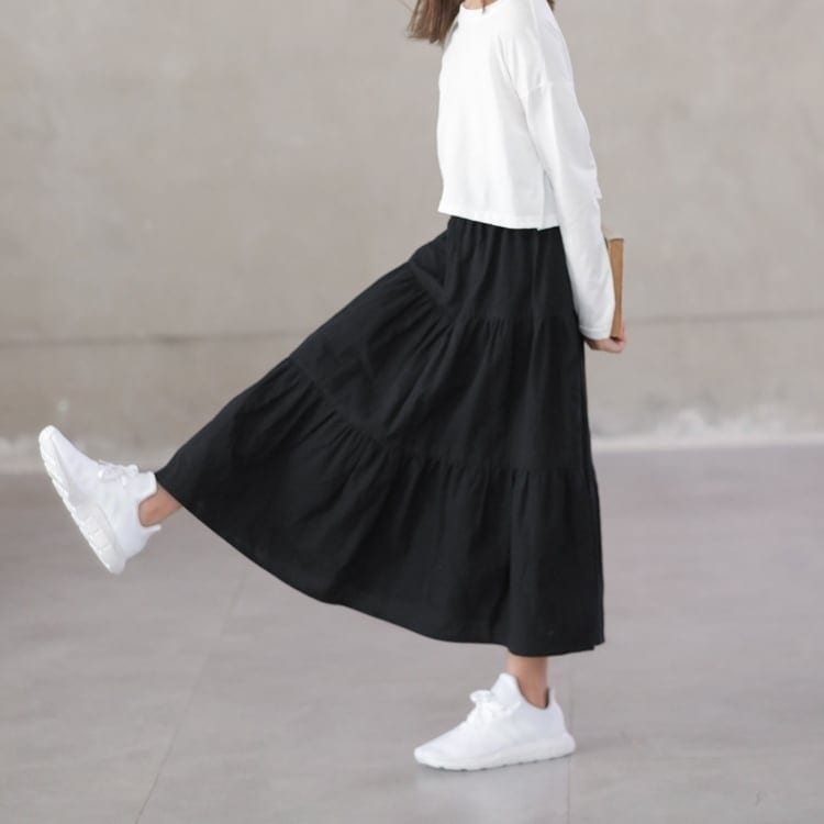 スカート ボトムス ガールズ キッズ ミモレ丈 フレア ティアードスカート ティアード 薄手 ウエストゴム ボリューム モード ハイウエスト ワイド ゆったり ストレッチ 韓国 かわいい lbot03