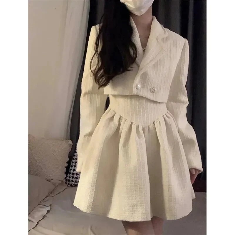 【急速出荷!】パーティードレス 秋 スーツ2点セット秋 プリンセス長袖ミニスーツコート+胸拭きワンピース